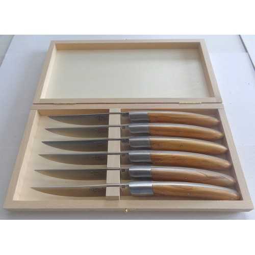 Coffret bois 6 couteaux Le THIERS® de table , 1 mitre inox, manche en Olivier LES COFFRETS